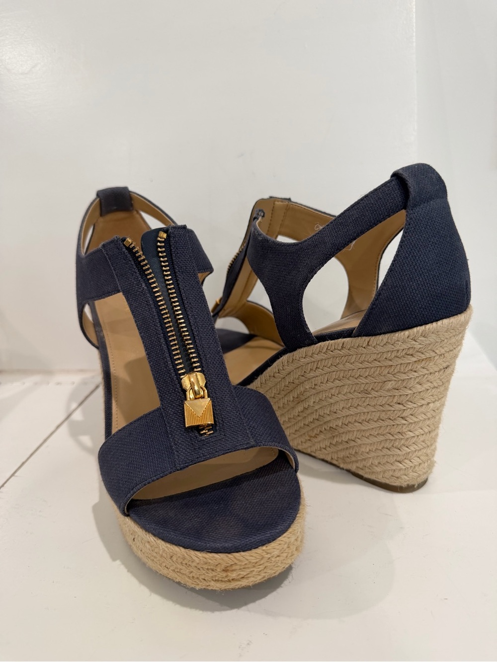 Michael Kors Navy Canvas Zip Espadrille Wedge Sandals